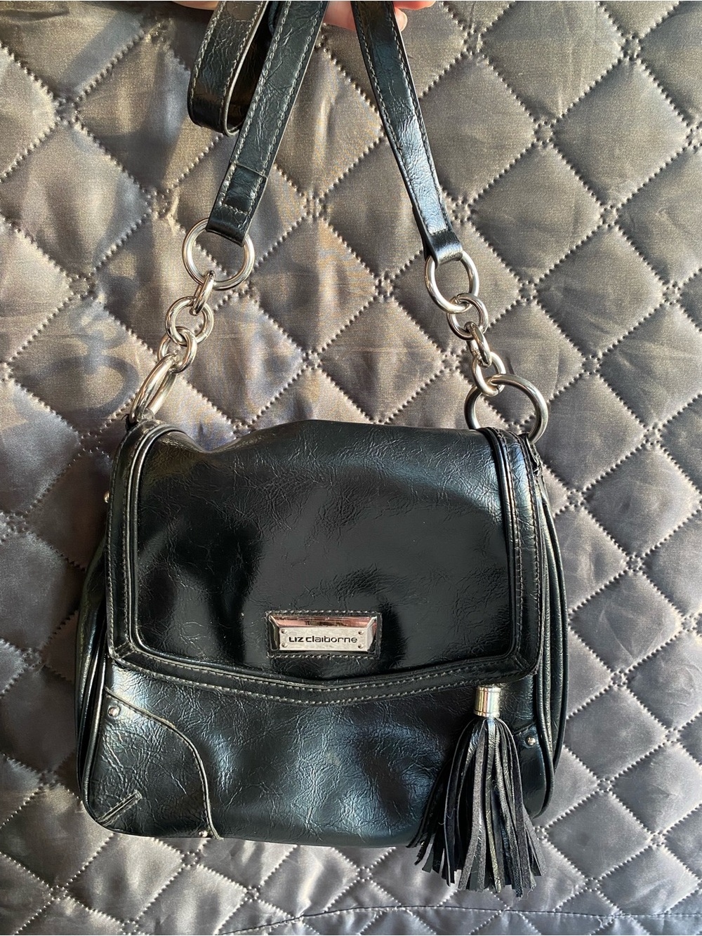 Liz Claiborne Y2K Grunge Moto Black Shoulder Bag Slouchy Flap